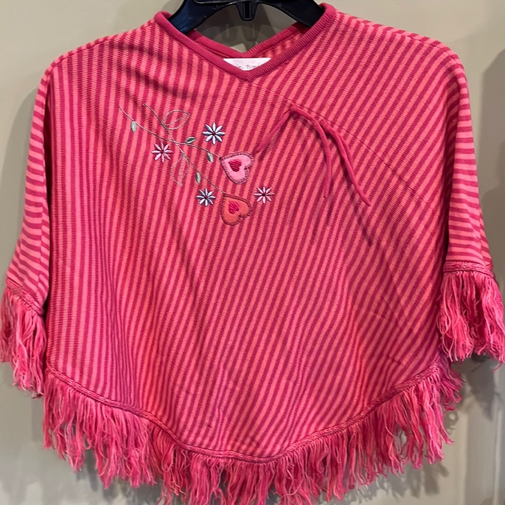 Girls Rumble Tumble Pink Striped Tassel Poncho w/Flowers. Size 4T.